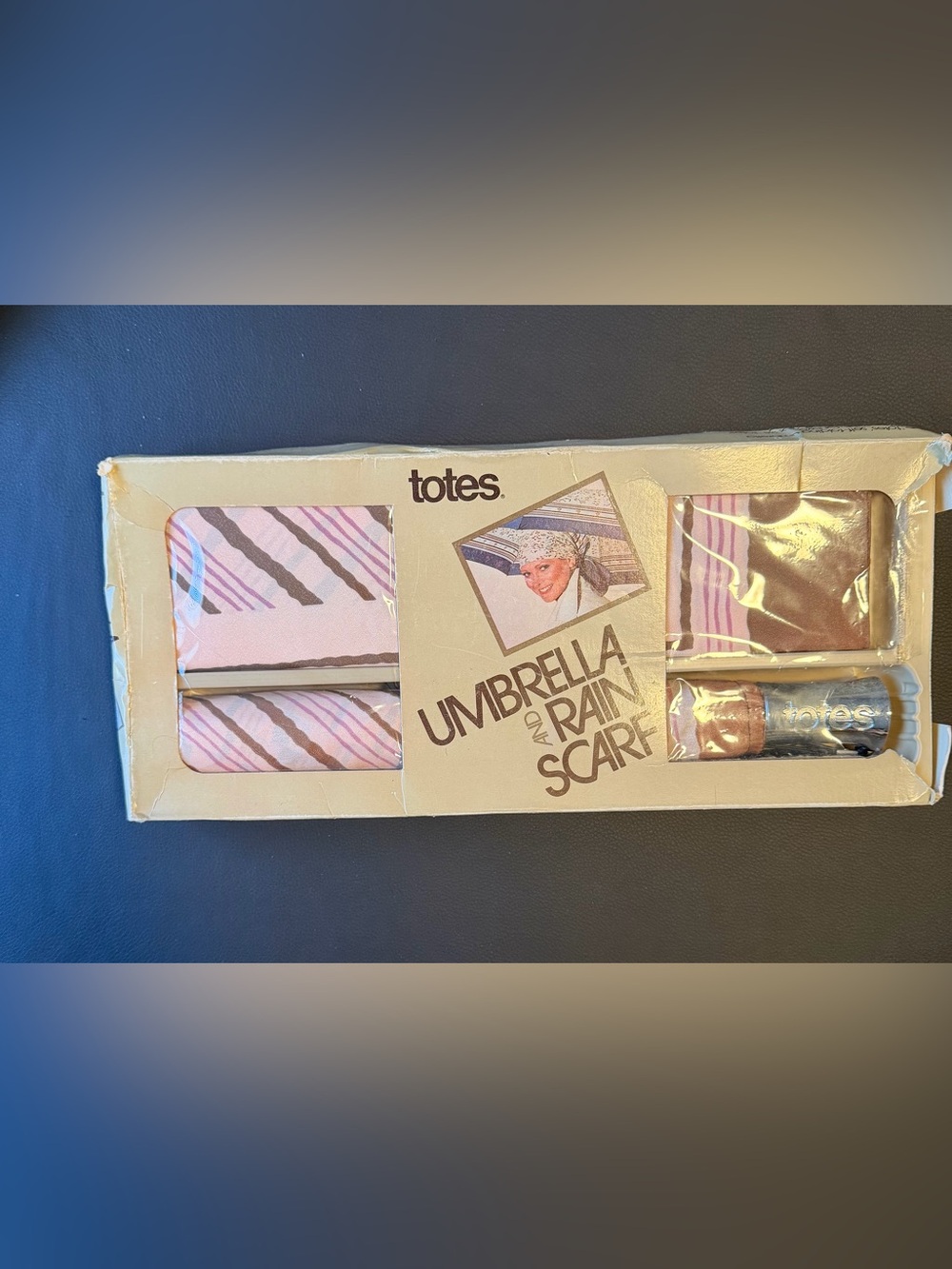 totes Pink and Brown Striped Umbrella & Rain Scarf Set